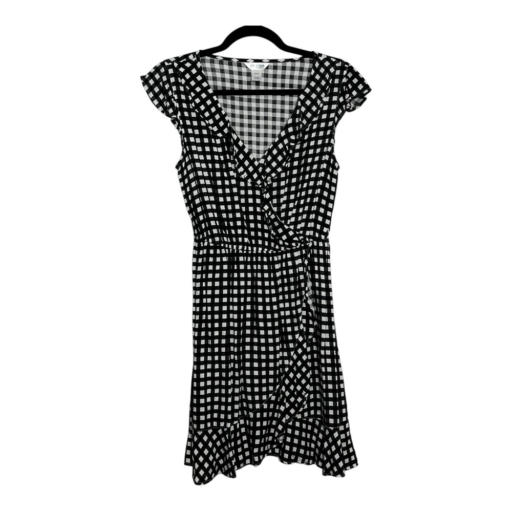 Arizona Jean Co Black White‎ Gingham Wrap Dress Ruffle Hem Cap Sleeve Small